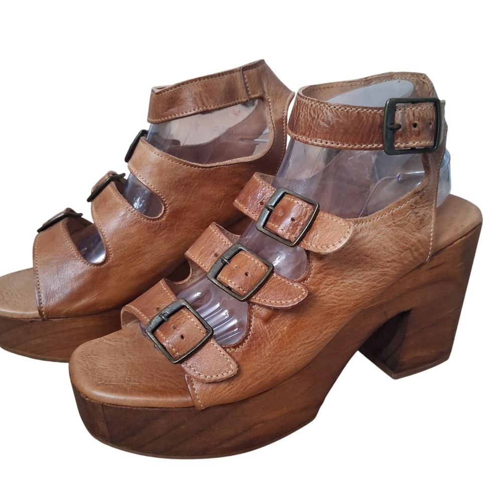 Bed Stu Jordyn Womens size 10 Leather Strappy Wood‎ Chunky Platform Block Heels